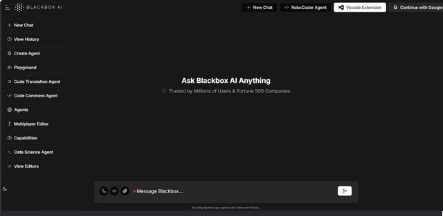 screen shot of Blackbox AI web page