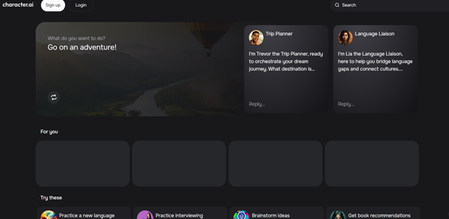 screen shot of Character AI web page