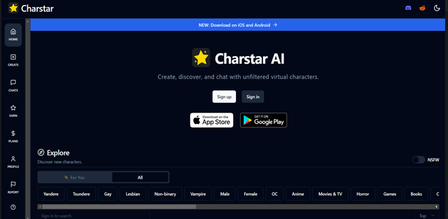 screen shot of Charstar AI web page