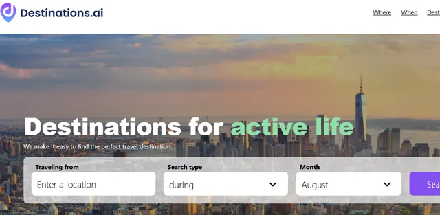 screen shot of Destinations.AI web page