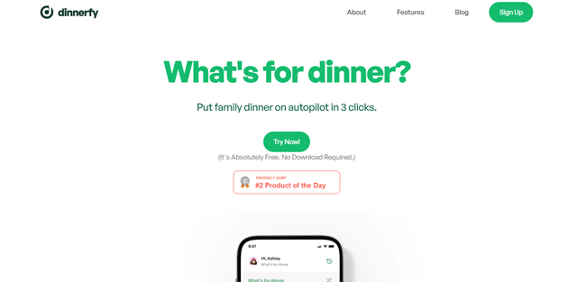 screen shot of Dinnerfy web page