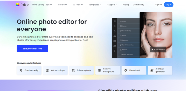 screen shot of Fotor AI web page