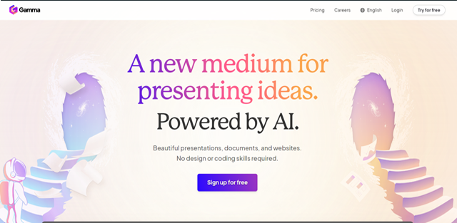 screen shot of Gamma AI web page