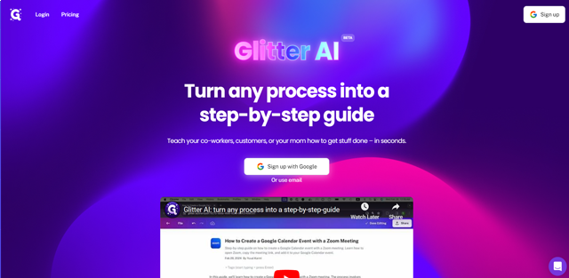 screen shot of Glitter AI web page