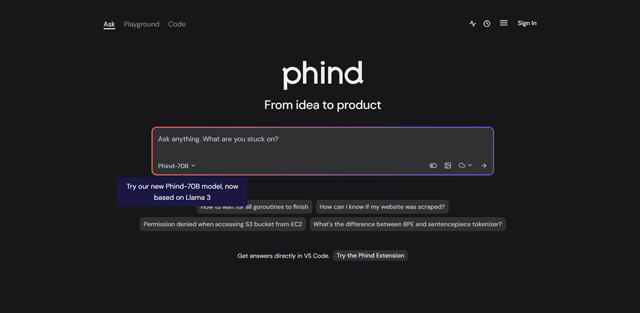 screen shot of Phind web page