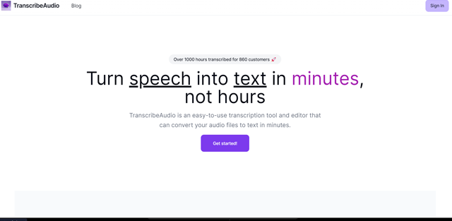 screen shot of TranscribeAudio web page