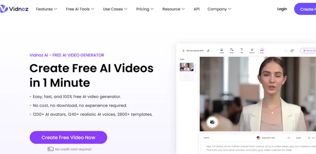 screen shot of Vidnoz AI web page