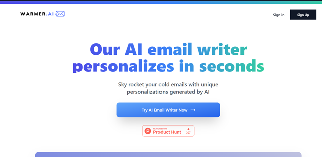 screen shot of Warmer AI web page